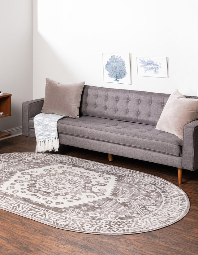 Gray 8' x 10' Oxford Oval Area Rug Traditional Design 100% Polypropylene Carpet for Living Room, Bedrooms, Dining, Office for Sale at Rug Engine