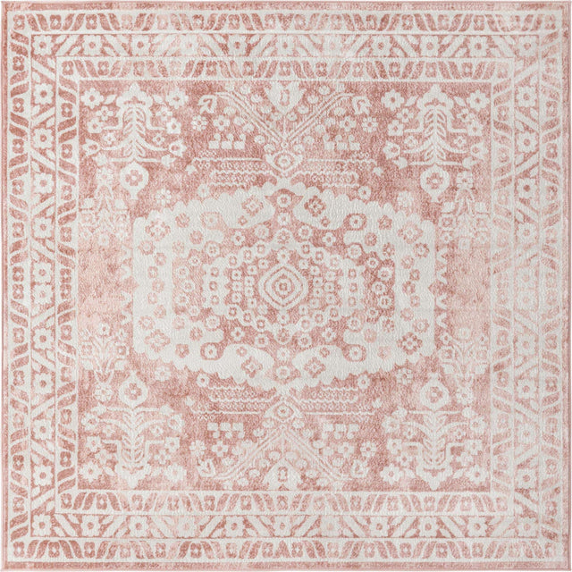 Pink 7' 10 x 7' 10 Oxford Square Area Rug Traditional Design 100% Polypropylene Carpet for Living Room, Bedrooms, Dining, Office for Sale at Rug Engine