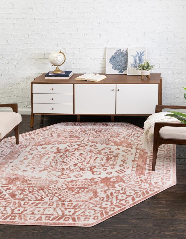 Pink 7' x 7' Oxford Octagon Area Rug Traditional Design 100% Polypropylene Carpet for Living Room, Bedrooms, Dining, Office for Sale at Rug Engine
