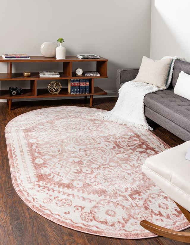 Pink 4' x 6' Oxford Oval Area Rug Traditional Design 100% Polypropylene Carpet for Living Room, Bedrooms, Dining, Office for Sale at Rug Engine