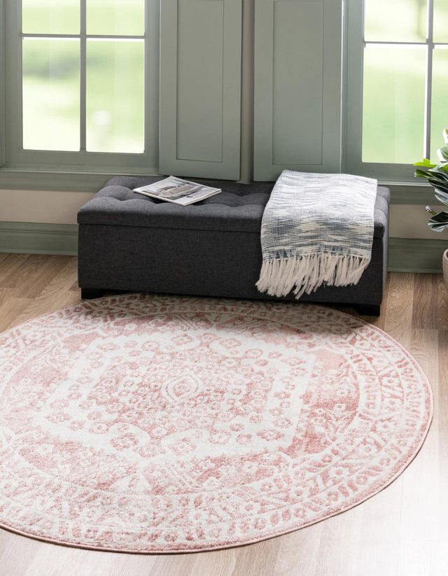 Pink 7' x 7' Oxford Round Area Rug Traditional Design 100% Polypropylene Carpet for Living Room, Bedrooms, Dining, Office for Sale at Rug Engine