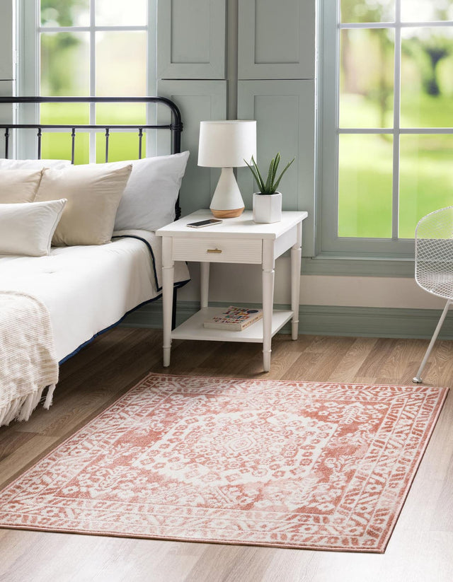 Pink 6' x 6' Oxford Square Area Rug Traditional Design 100% Polypropylene Carpet for Living Room, Bedrooms, Dining, Office for Sale at Rug Engine