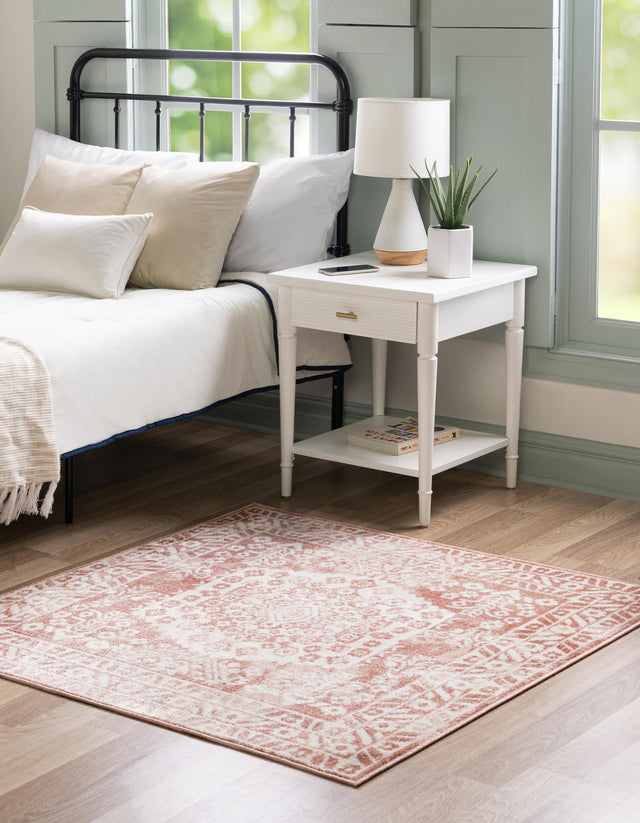 Pink 7' 10 x 7' 10 Oxford Square Area Rug Traditional Design 100% Polypropylene Carpet for Living Room, Bedrooms, Dining, Office for Sale at Rug Engine