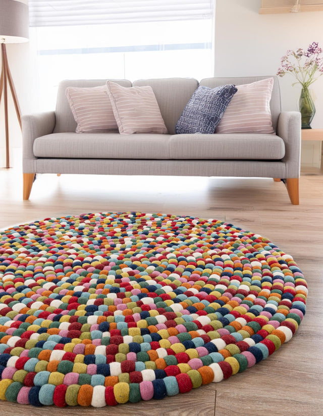 Multicolor 3' 3 x 3' 3 Felt Ball Round Area Rug Stunning All Natural 100% Wool Luxury Hand Woven Carpet for Modern Home Interiors Soft Touch Marshmallow Rug for Sale at Rug Engine