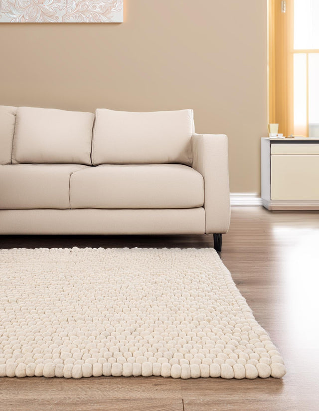 Ivory 7' 1 x 10' Felt Ball Rectangle Area Rug Stunning All Natural 100% Wool Luxury Hand Woven Carpet for Modern Home Interiors Soft Touch Marshmallow Rug for Sale at Rug Engine