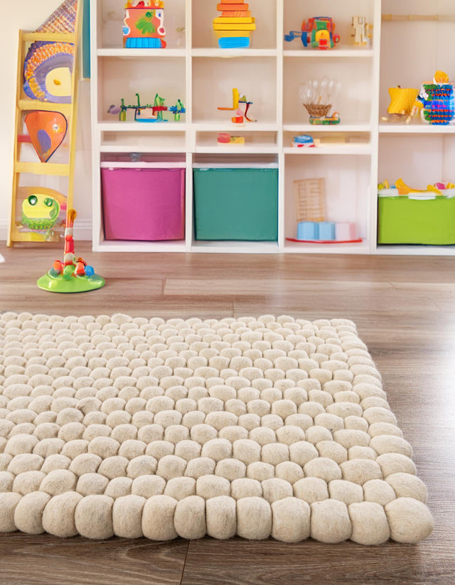 Ivory 2' 7 x 10' Felt Ball Runner Area Rug Stunning All Natural 100% Wool Luxury Hand Woven Carpet for Modern Home Interiors Soft Touch Marshmallow Rug for Sale at Rug Engine