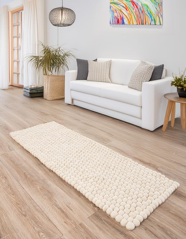Ivory 2' 2 x 6' 1 Felt Ball Runner Area Rug Stunning All Natural 100% Wool Luxury Hand Woven Carpet for Modern Home Interiors Soft Touch Marshmallow Rug for Sale at Rug Engine