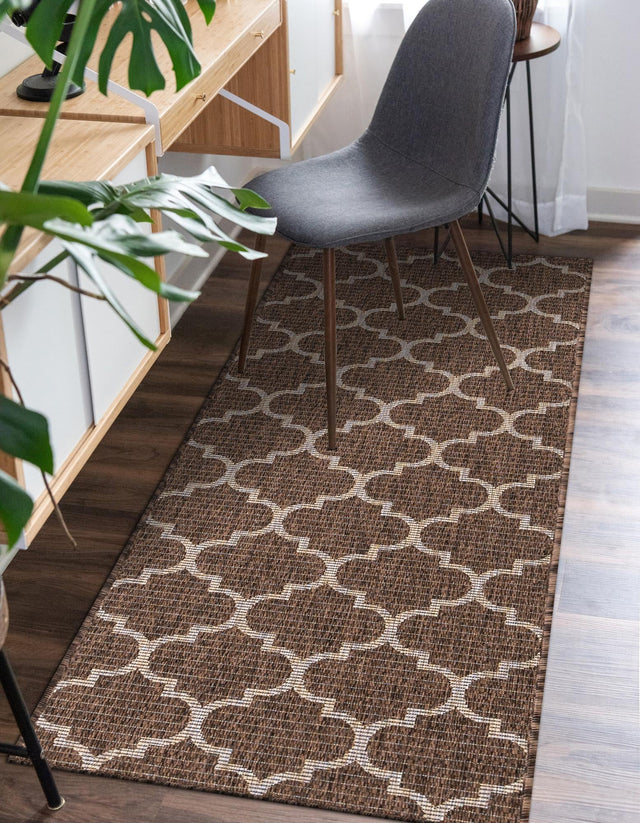 Brown 2' x 6' 1 Outdoor Trellis Runner Area Rug Weather Resistant for Patio, Deck, Terrace, Balcony, Porch Geometric Design Water Safe Outside Carpet for Sale at Rug Engine