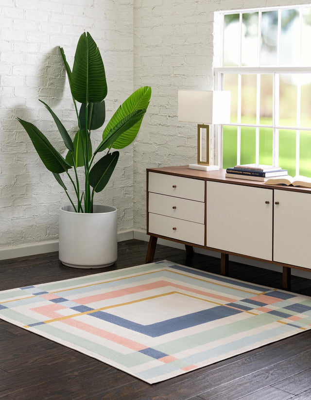 Multicolor 6' x 6' Lotus Square Area Rug 100% Polypropylene Modern Contemporary Colorful Carpet Easy Clean for Living Room, Kitchen, Dining, Office for Sale at Rug Engine