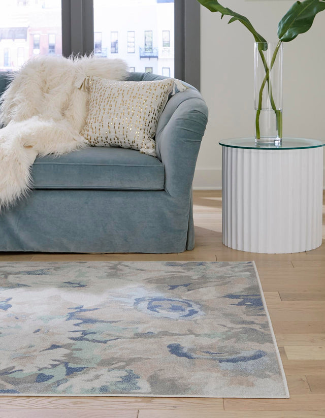 Blue 4' 1 x 6' 1 Lotus Rectangle Area Rug 100% Polypropylene Modern Contemporary Colorful Carpet Easy Clean for Living Room, Kitchen, Dining, Office for Sale at Rug Engine