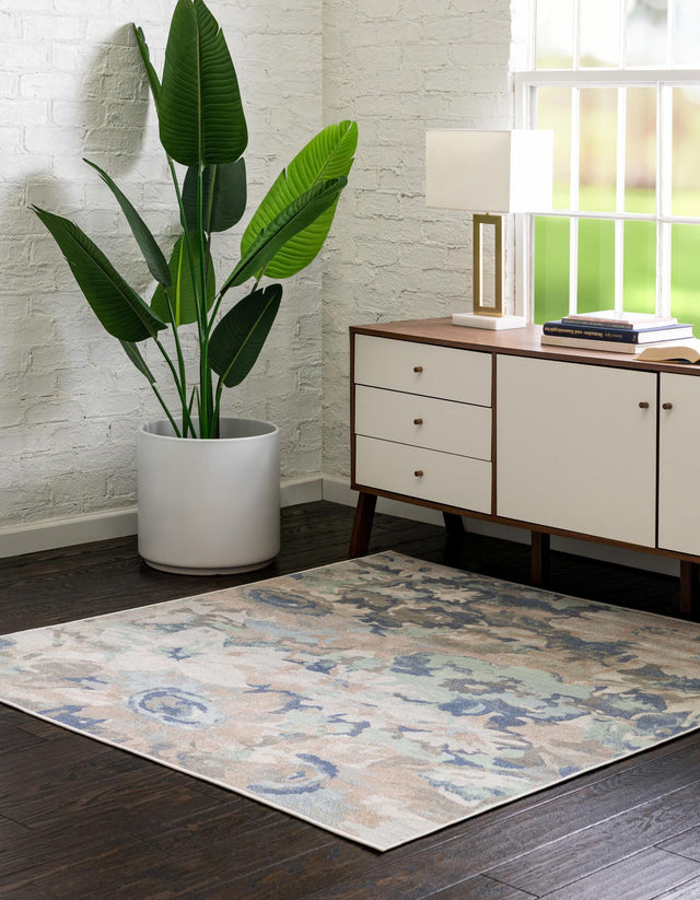 Blue 6' x 6' Lotus Square Area Rug 100% Polypropylene Modern Contemporary Colorful Carpet Easy Clean for Living Room, Kitchen, Dining, Office for Sale at Rug Engine