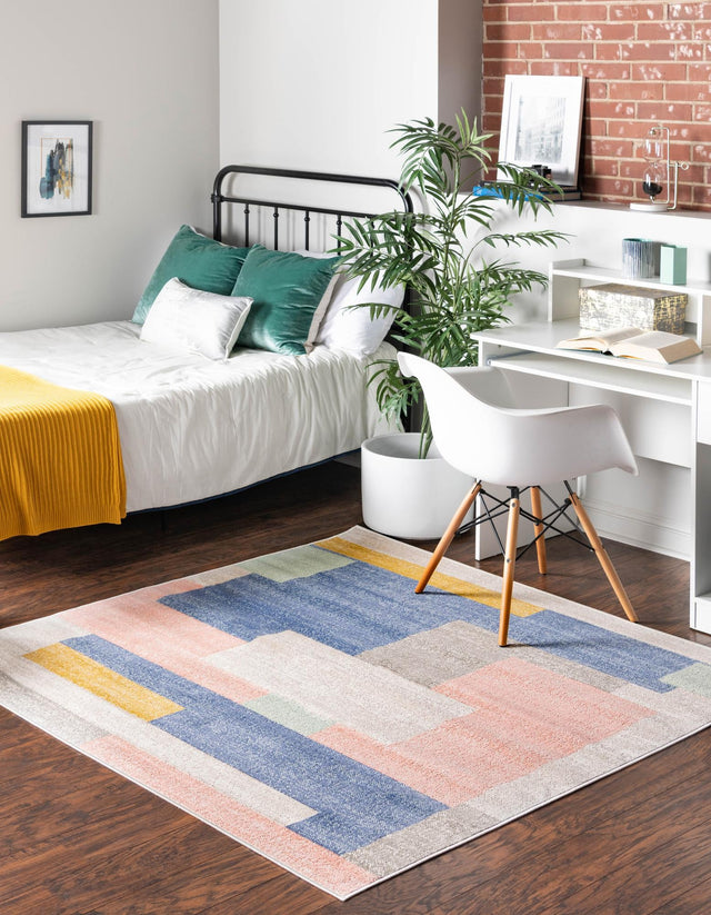 Multicolor 8' x 8' Lotus Square Area Rug 100% Polypropylene Modern Contemporary Colorful Carpet Easy Clean for Living Room, Kitchen, Dining, Office for Sale at Rug Engine