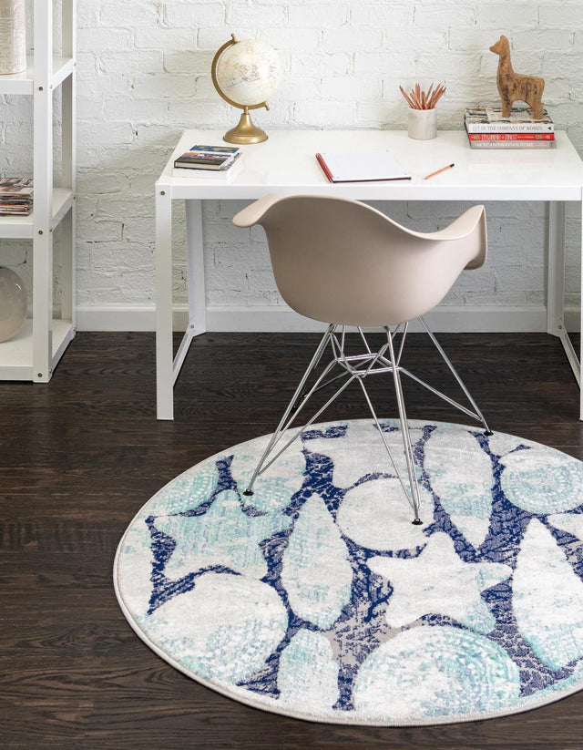 Blue 7' x 7' Ariel Round Area Rug 70% Polypropylene & 30% Polyester Easy Clean Living Room Bedroom Dining Office Carpet for Sale at Rug Engine