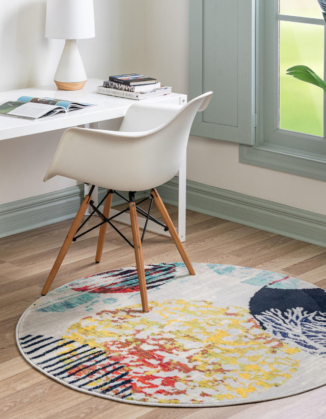 Multicolor 7' x 7' Ariel Round Area Rug 70% Polypropylene & 30% Polyester Easy Clean Living Room Bedroom Dining Office Carpet for Sale at Rug Engine