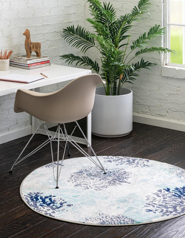 Blue 7' x 7' Ariel Round Area Rug 70% Polypropylene & 30% Polyester Easy Clean Living Room Bedroom Dining Office Carpet for Sale at Rug Engine