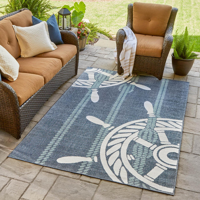 Navy Blue 5' 3 x 8' Outdoor Coastal Rectangle Area Rug Weather Resistant for Patio, Deck, Terrace, Balcony, Porch 100% Polypropylene Coastal Decor Carpet for Sale at Rug Engine