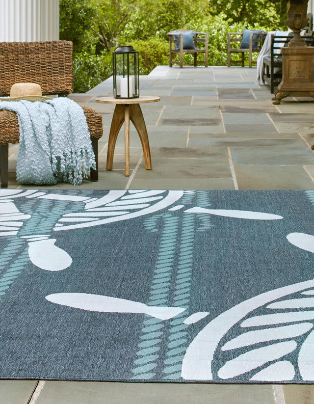 Navy Blue 7' 10 x 7' 10 Outdoor Coastal Square Area Rug Weather Resistant for Patio, Deck, Terrace, Balcony, Porch 100% Polypropylene Coastal Decor Carpet for Sale at Rug Engine