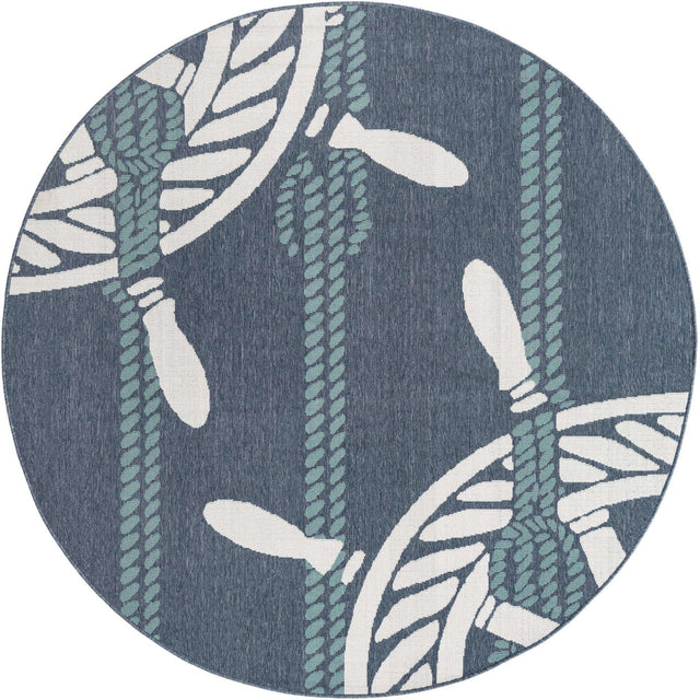 Navy Blue 7' x 7' Outdoor Coastal Round Area Rug Weather Resistant for Patio, Deck, Terrace, Balcony, Porch 100% Polypropylene Coastal Decor Carpet for Sale at Rug Engine