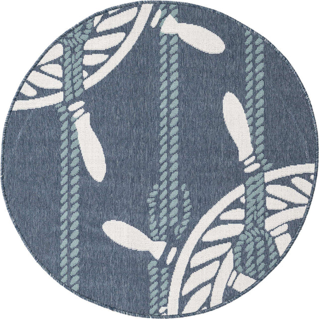 Navy Blue 4' x 4' Outdoor Coastal Round Area Rug Weather Resistant for Patio, Deck, Terrace, Balcony, Porch 100% Polypropylene Coastal Decor Carpet for Sale at Rug Engine