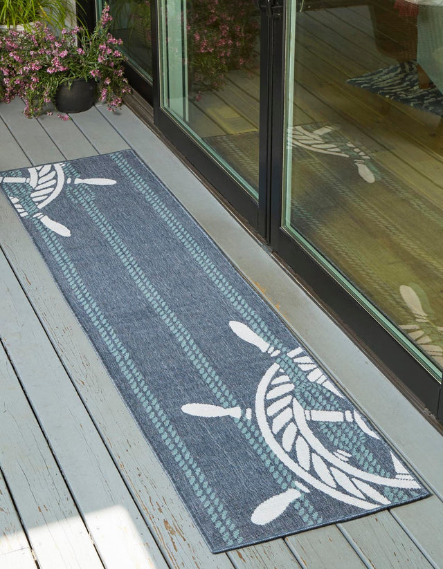 Navy Blue 2' x 8' Outdoor Coastal Runner Area Rug Weather Resistant for Patio, Deck, Terrace, Balcony, Porch 100% Polypropylene Coastal Decor Carpet for Sale at Rug Engine