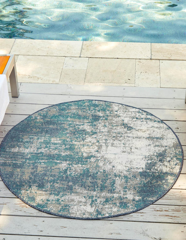 Blue 7' x 7' Outdoor Coastal Round Area Rug Weather Resistant for Patio, Deck, Terrace, Balcony, Porch 100% Polypropylene Coastal Decor Carpet for Sale at Rug Engine