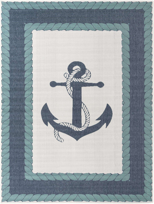 Navy Blue 7' 10 x 10' Outdoor Coastal Rectangle Area Rug Weather Resistant for Patio, Deck, Terrace, Balcony, Porch 100% Polypropylene Coastal Decor Carpet for Sale at Rug Engine