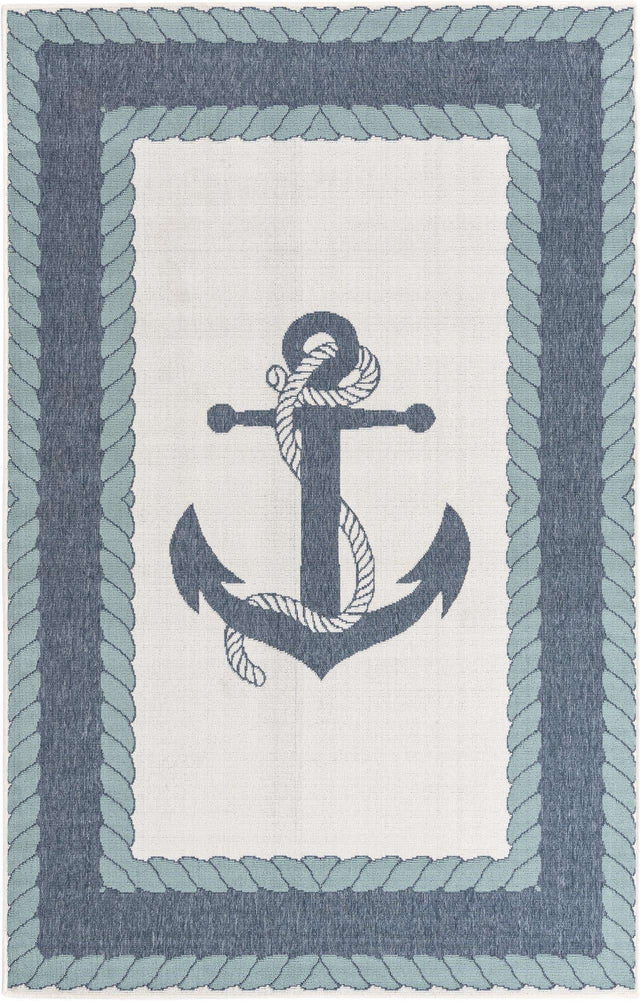 Navy Blue 5' 3 x 8' Outdoor Coastal Rectangle Area Rug Weather Resistant for Patio, Deck, Terrace, Balcony, Porch 100% Polypropylene Coastal Decor Carpet for Sale at Rug Engine