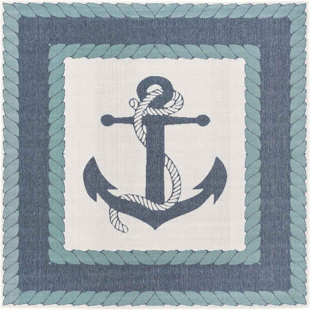 Navy Blue 7' 10 x 7' 10 Outdoor Coastal Square Area Rug Weather Resistant for Patio, Deck, Terrace, Balcony, Porch 100% Polypropylene Coastal Decor Carpet for Sale at Rug Engine