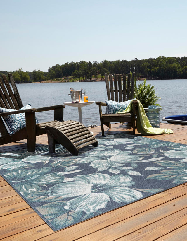 Blue 7' 10 x 7' 10 Outdoor Coastal Square Area Rug Weather Resistant for Patio, Deck, Terrace, Balcony, Porch 100% Polypropylene Coastal Decor Carpet for Sale at Rug Engine