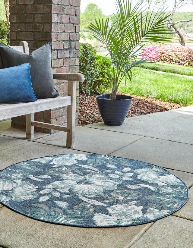 Blue 7' x 7' Outdoor Coastal Round Area Rug Weather Resistant for Patio, Deck, Terrace, Balcony, Porch 100% Polypropylene Coastal Decor Carpet for Sale at Rug Engine