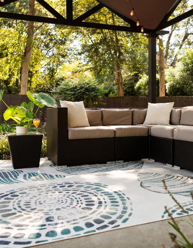 Ivory 9' x 12' Outdoor Coastal Rectangle Area Rug Weather Resistant for Patio, Deck, Terrace, Balcony, Porch 100% Polypropylene Coastal Decor Carpet for Sale at Rug Engine