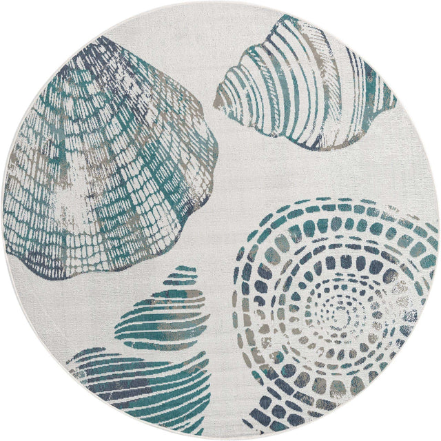 Ivory 7' x 7' Outdoor Coastal Round Area Rug Weather Resistant for Patio, Deck, Terrace, Balcony, Porch 100% Polypropylene Coastal Decor Carpet for Sale at Rug Engine