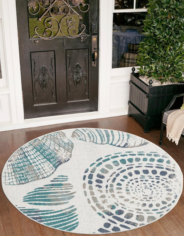 Ivory 4' x 4' Outdoor Coastal Round Area Rug Weather Resistant for Patio, Deck, Terrace, Balcony, Porch 100% Polypropylene Coastal Decor Carpet for Sale at Rug Engine