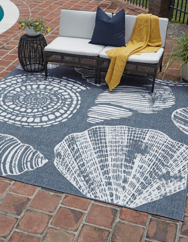 Navy Blue 7' 10 x 7' 10 Outdoor Coastal Square Area Rug Weather Resistant for Patio, Deck, Terrace, Balcony, Porch 100% Polypropylene Coastal Decor Carpet for Sale at Rug Engine
