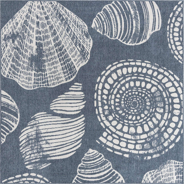 Navy Blue 7' 10 x 7' 10 Outdoor Coastal Square Area Rug Weather Resistant for Patio, Deck, Terrace, Balcony, Porch 100% Polypropylene Coastal Decor Carpet for Sale at Rug Engine