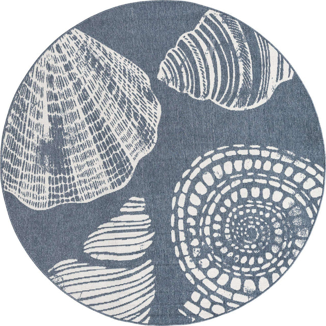 Navy Blue 7' x 7' Outdoor Coastal Round Area Rug Weather Resistant for Patio, Deck, Terrace, Balcony, Porch 100% Polypropylene Coastal Decor Carpet for Sale at Rug Engine