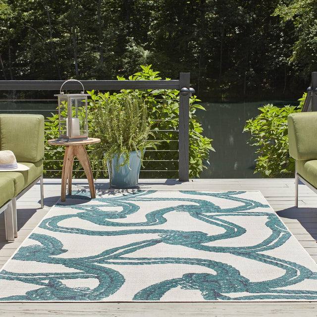 Ivory 7' 10 x 10' Outdoor Coastal Rectangle Area Rug Weather Resistant for Patio, Deck, Terrace, Balcony, Porch 100% Polypropylene Coastal Decor Carpet for Sale at Rug Engine
