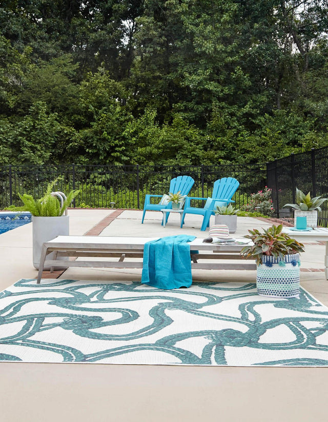 Ivory 7' 10 x 7' 10 Outdoor Coastal Square Area Rug Weather Resistant for Patio, Deck, Terrace, Balcony, Porch 100% Polypropylene Coastal Decor Carpet for Sale at Rug Engine