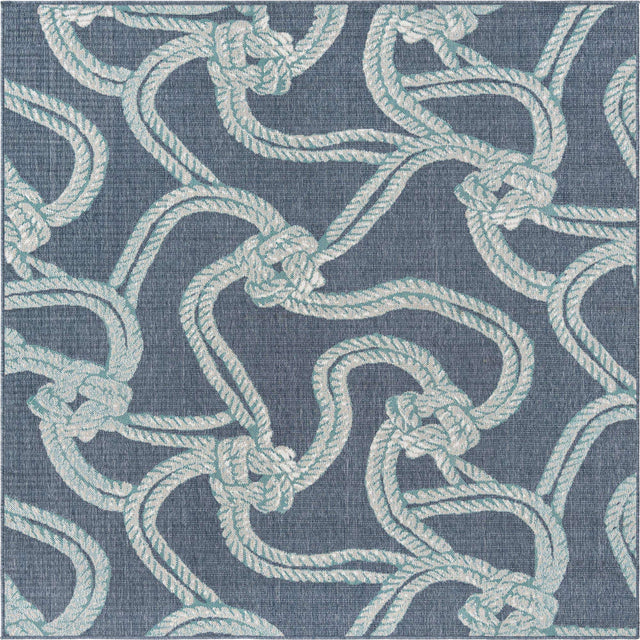 Navy Blue 7' 10 x 7' 10 Outdoor Coastal Square Area Rug Weather Resistant for Patio, Deck, Terrace, Balcony, Porch 100% Polypropylene Coastal Decor Carpet for Sale at Rug Engine
