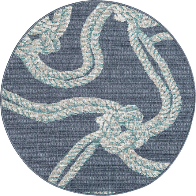 Navy Blue 4' x 4' Outdoor Coastal Round Area Rug Weather Resistant for Patio, Deck, Terrace, Balcony, Porch 100% Polypropylene Coastal Decor Carpet for Sale at Rug Engine