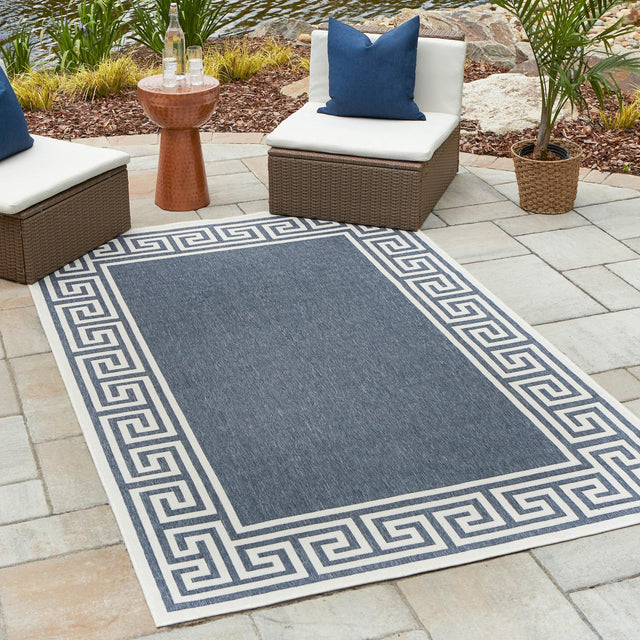 Navy Blue 7' 10 x 10' Outdoor Coastal Rectangle Area Rug Weather Resistant for Patio, Deck, Terrace, Balcony, Porch 100% Polypropylene Coastal Decor Carpet for Sale at Rug Engine
