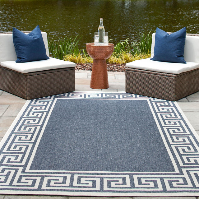 Navy Blue 7' 10 x 10' Outdoor Coastal Rectangle Area Rug Weather Resistant for Patio, Deck, Terrace, Balcony, Porch 100% Polypropylene Coastal Decor Carpet for Sale at Rug Engine