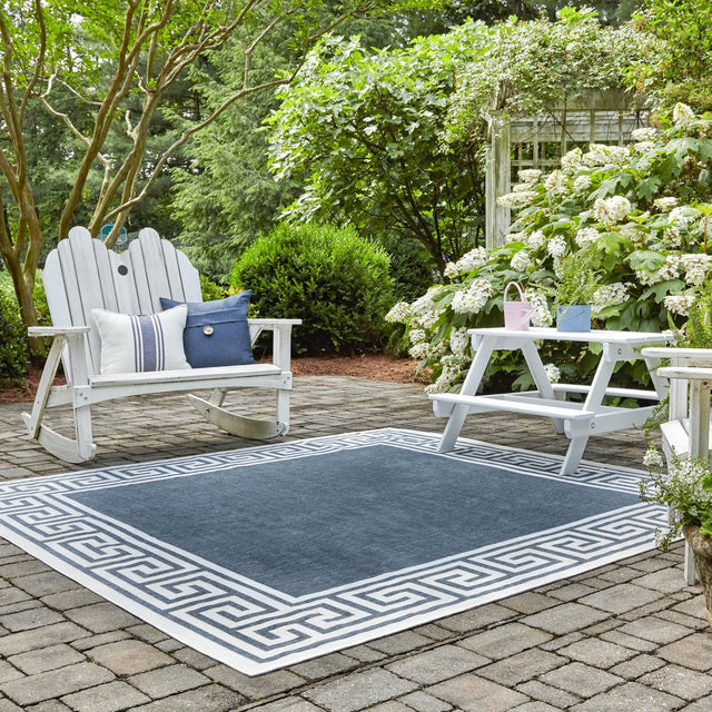 Navy Blue 7' 10 x 7' 10 Outdoor Coastal Square Area Rug Weather Resistant for Patio, Deck, Terrace, Balcony, Porch 100% Polypropylene Coastal Decor Carpet for Sale at Rug Engine