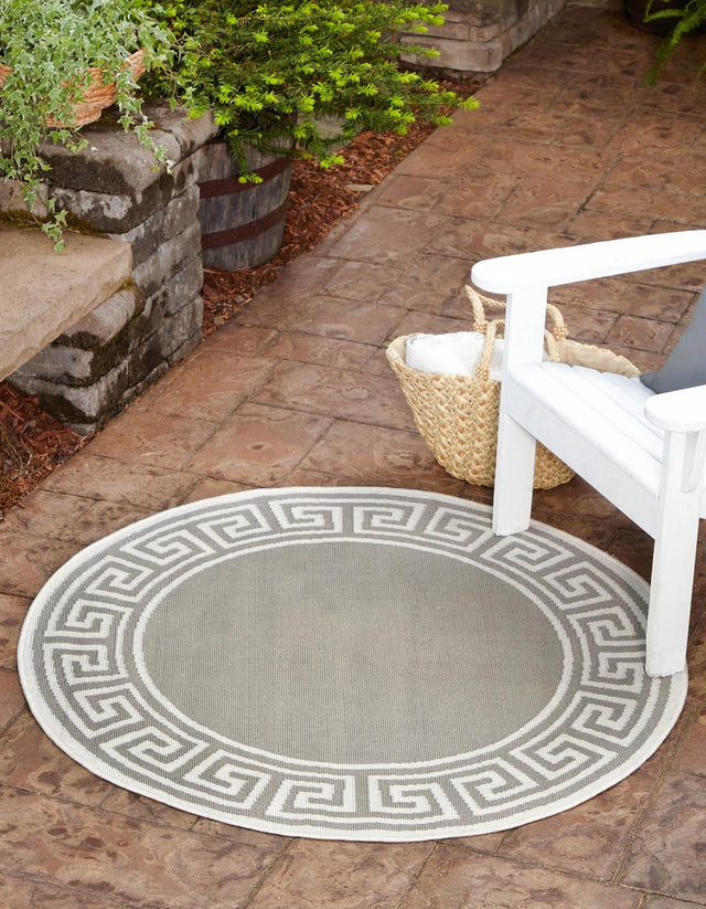 Gray 4' x 4' Outdoor Coastal Round Area Rug Weather Resistant for Patio, Deck, Terrace, Balcony, Porch 100% Polypropylene Coastal Decor Carpet for Sale at Rug Engine