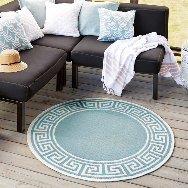 Aqua 4' x 4' Outdoor Coastal Round Area Rug Weather Resistant for Patio, Deck, Terrace, Balcony, Porch 100% Polypropylene Coastal Decor Carpet for Sale at Rug Engine