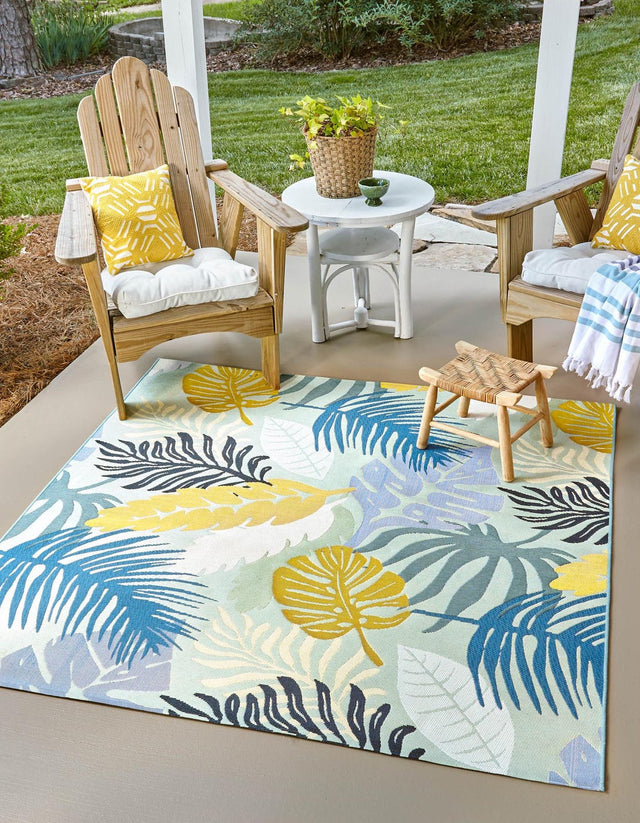 Multicolor 6' x 6' Outdoor Botanical Square Area Rug Weather Resistant for Patio, Deck, Terrace, Balcony, Porch Polypropylene Garden Floral Tropical Carpet for Sale at Rug Engine