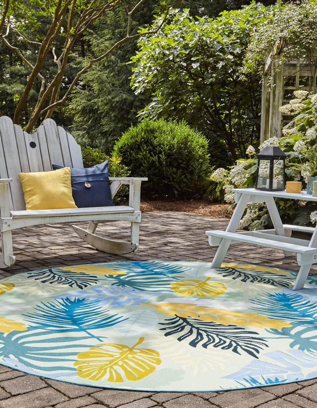 Multicolor 7' 10 x 7' 10 Outdoor Botanical Round Area Rug Weather Resistant for Patio, Deck, Terrace, Balcony, Porch Polypropylene Garden Floral Tropical Carpet for Sale at Rug Engine