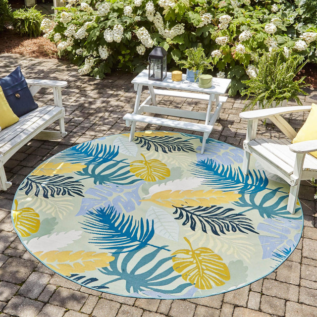 Multicolor 7' 10 x 7' 10 Outdoor Botanical Round Area Rug Weather Resistant for Patio, Deck, Terrace, Balcony, Porch Polypropylene Garden Floral Tropical Carpet for Sale at Rug Engine