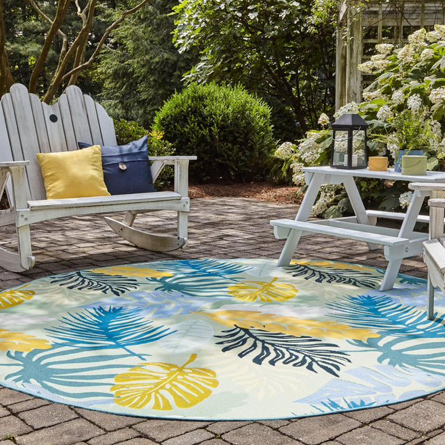 Multicolor 7' 10 x 7' 10 Outdoor Botanical Round Area Rug Weather Resistant for Patio, Deck, Terrace, Balcony, Porch Polypropylene Garden Floral Tropical Carpet for Sale at Rug Engine