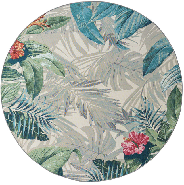 Multicolor 7' 10 x 7' 10 Outdoor Botanical Round Area Rug Weather Resistant for Patio, Deck, Terrace, Balcony, Porch Polypropylene Garden Floral Tropical Carpet for Sale at Rug Engine